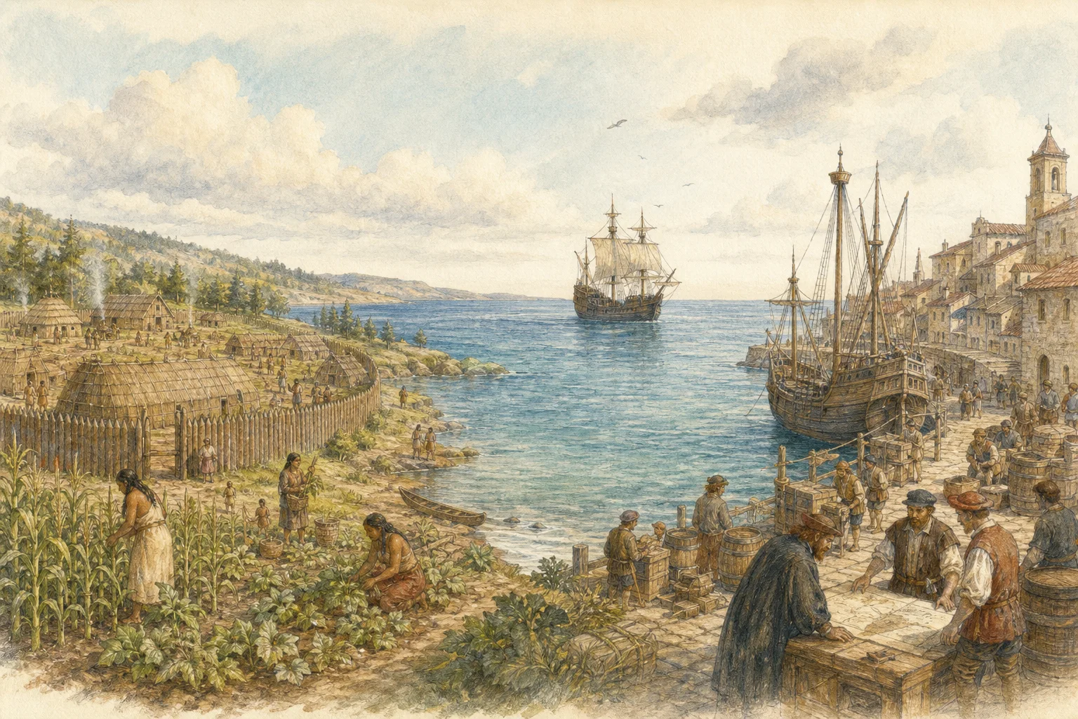 Watercolor panorama connecting a thriving Indigenous settlement, the Atlantic Ocean, and a late-fifteenth-century European port