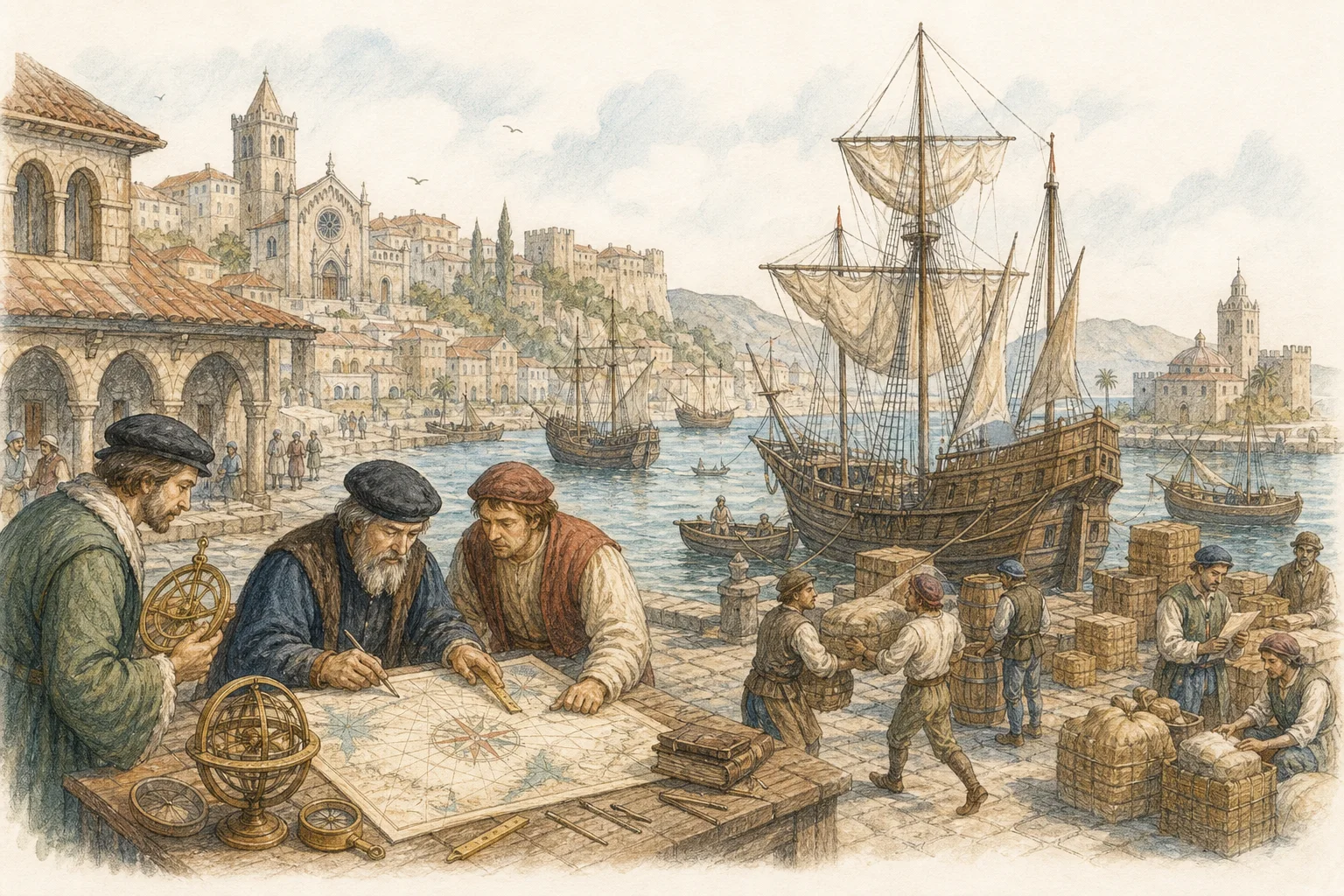 Watercolor scene of a late-fifteenth-century Atlantic port with navigators, merchants, and ocean-going vessels