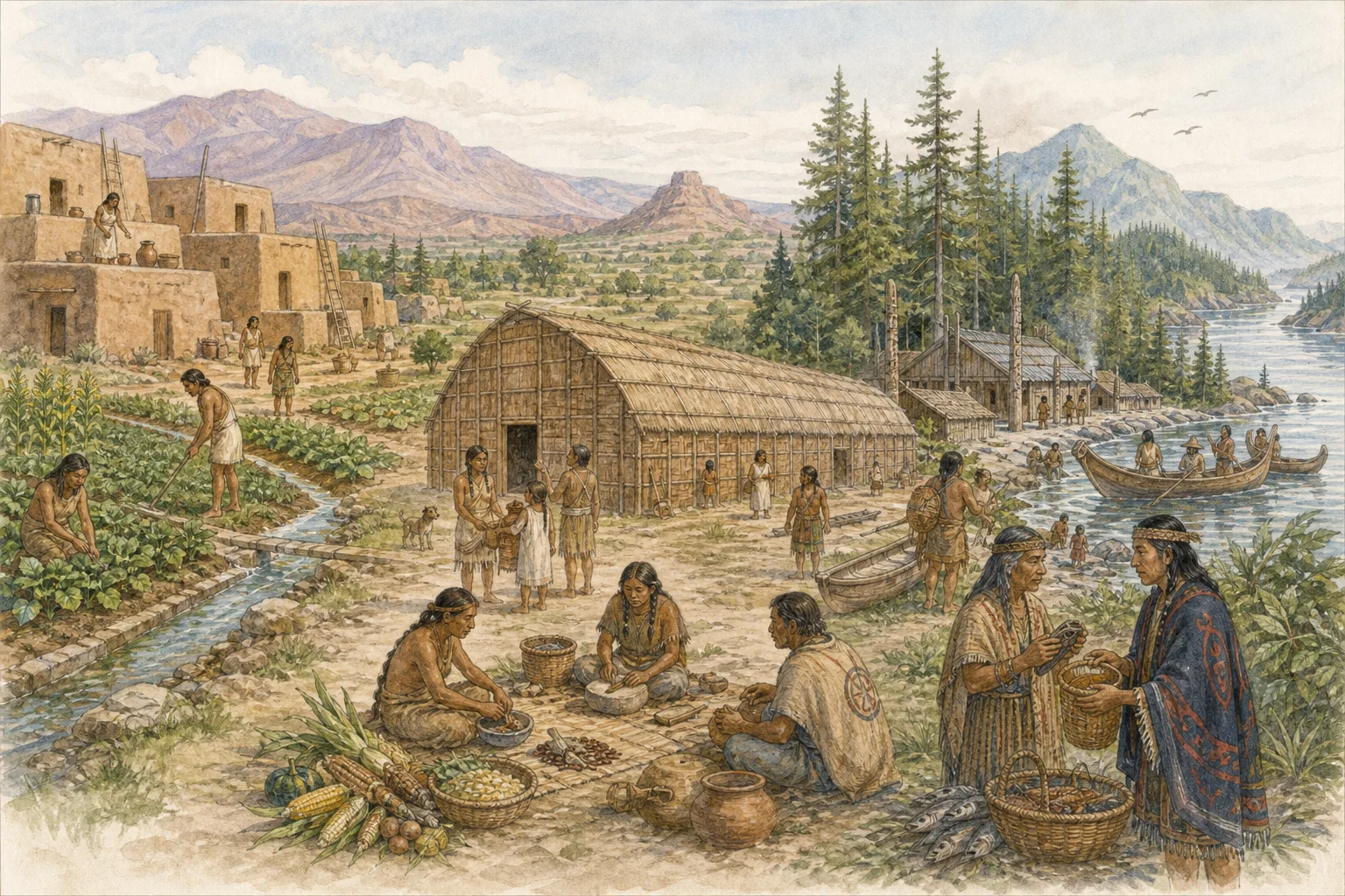 Watercolor panorama of Southwestern, Eastern Woodlands, and Pacific Northwest Indigenous environmental adaptations