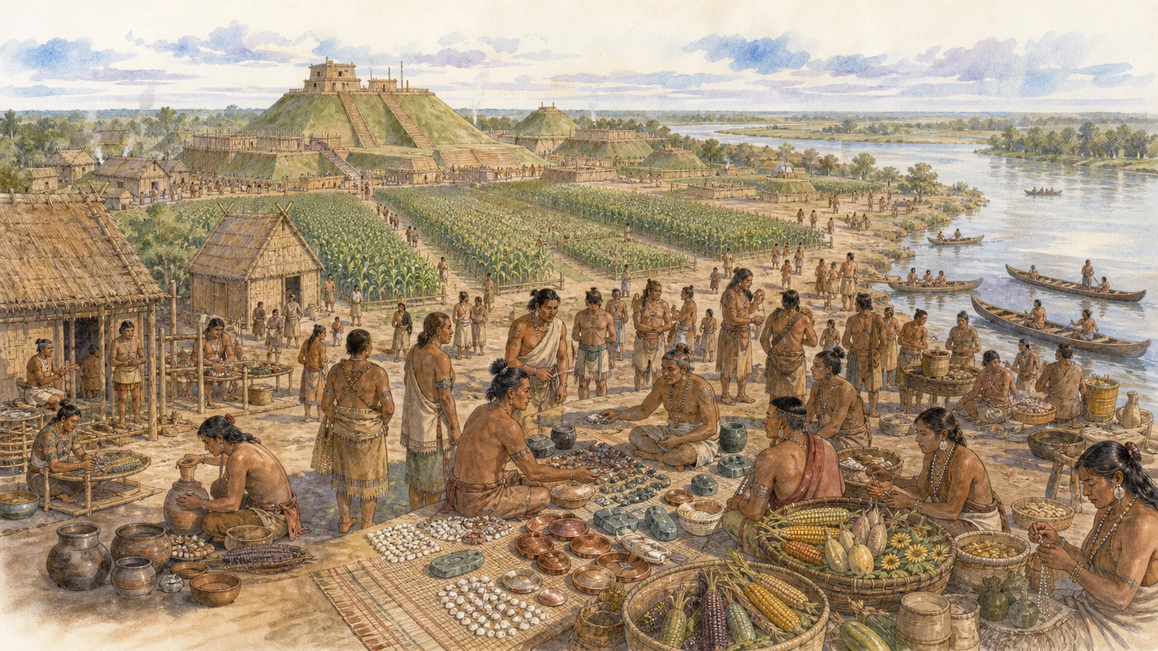 Watercolor illustration of a Mississippian river-valley community with earthen mounds, maize fields, canoes, crafts, and long-distance exchange