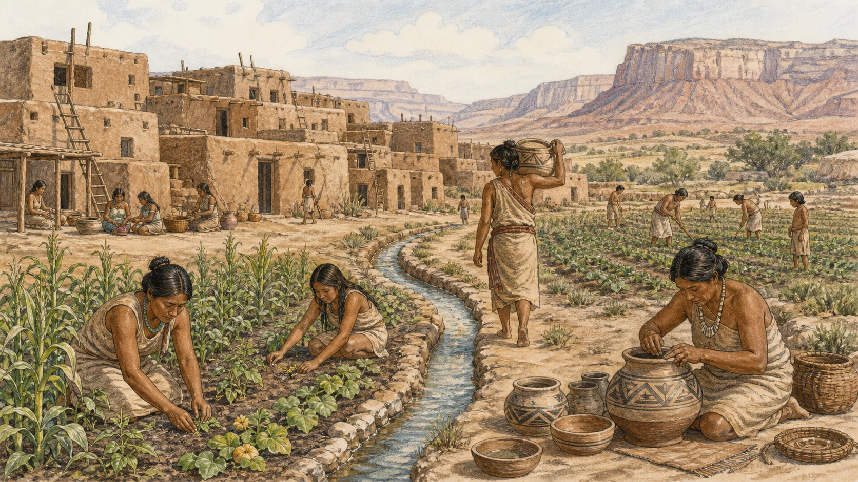Watercolor illustration of a pre-contact Ancestral Pueblo community using irrigation and tending maize, beans, and squash near adobe dwellings