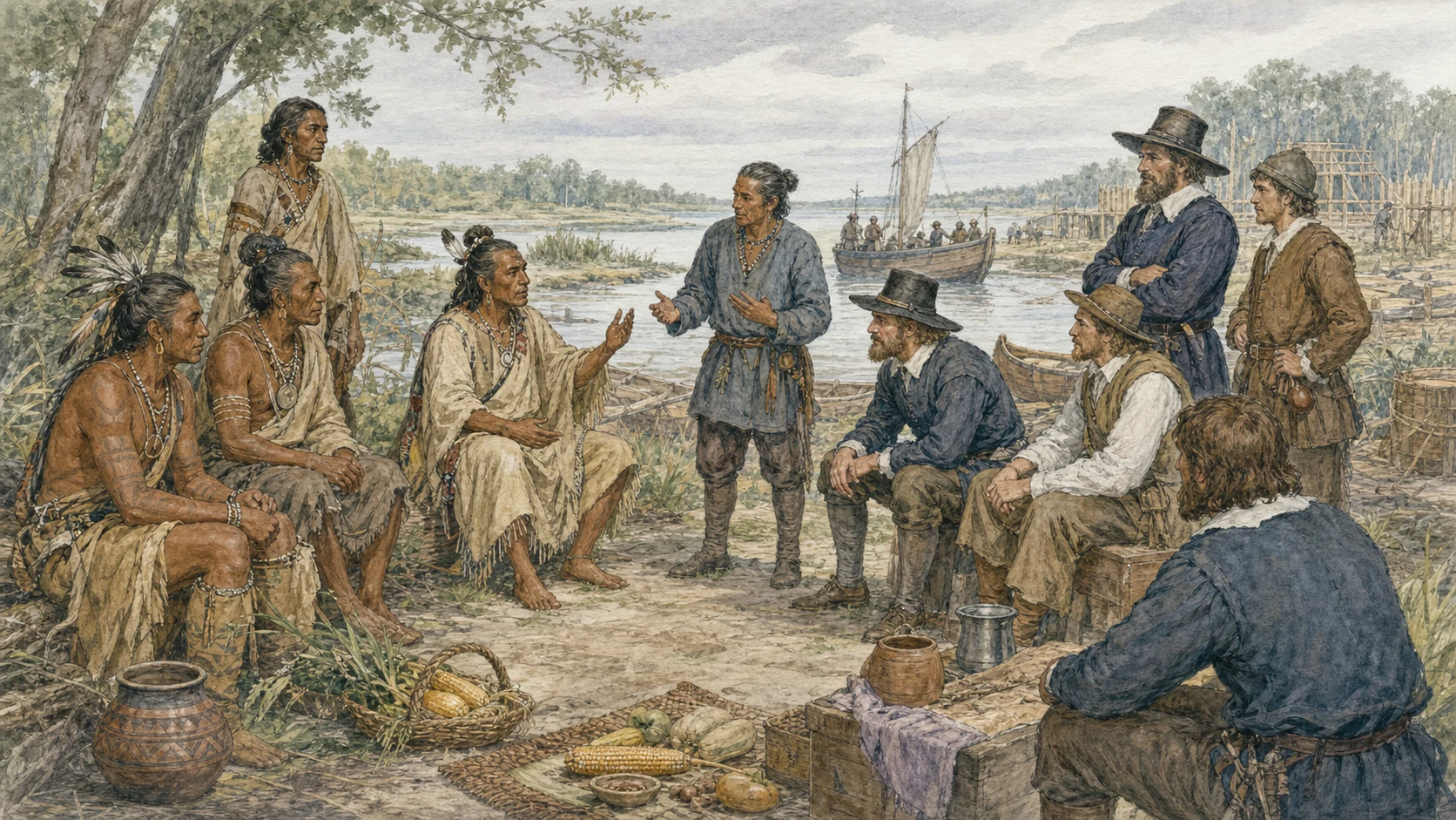Watercolor illustration of Powhatan diplomats and English settlers negotiating beside the Chesapeake in the early seventeenth century