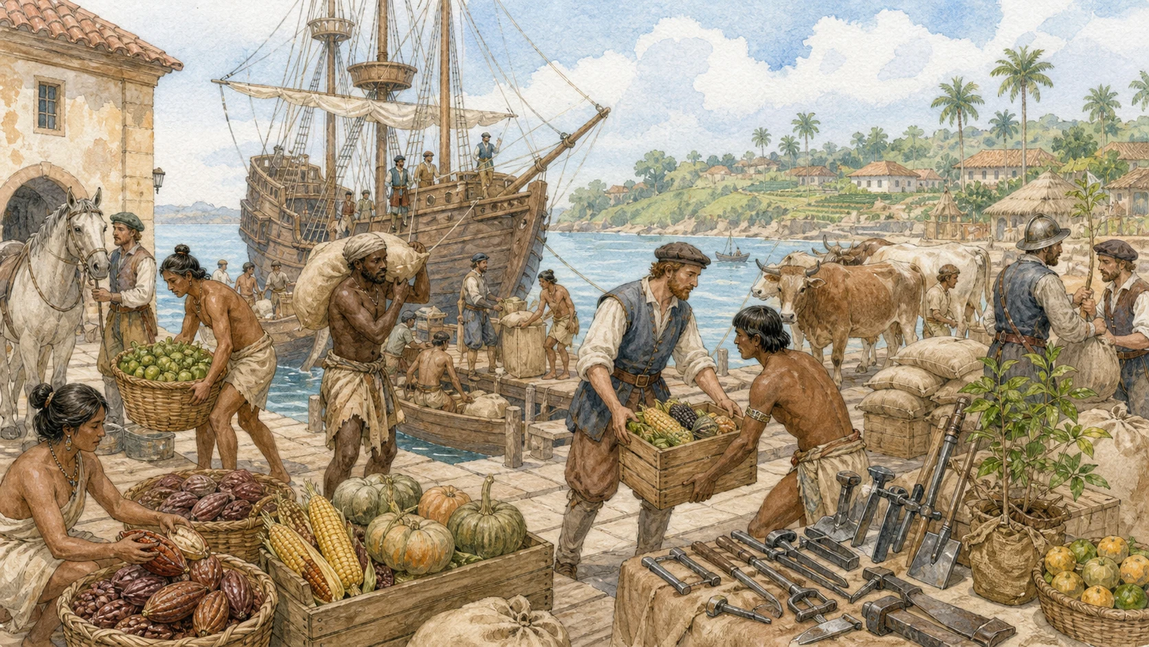 Watercolor illustration of an early-sixteenth-century Atlantic harbor connecting American crops with European livestock, seeds, tools, and ocean-going ships