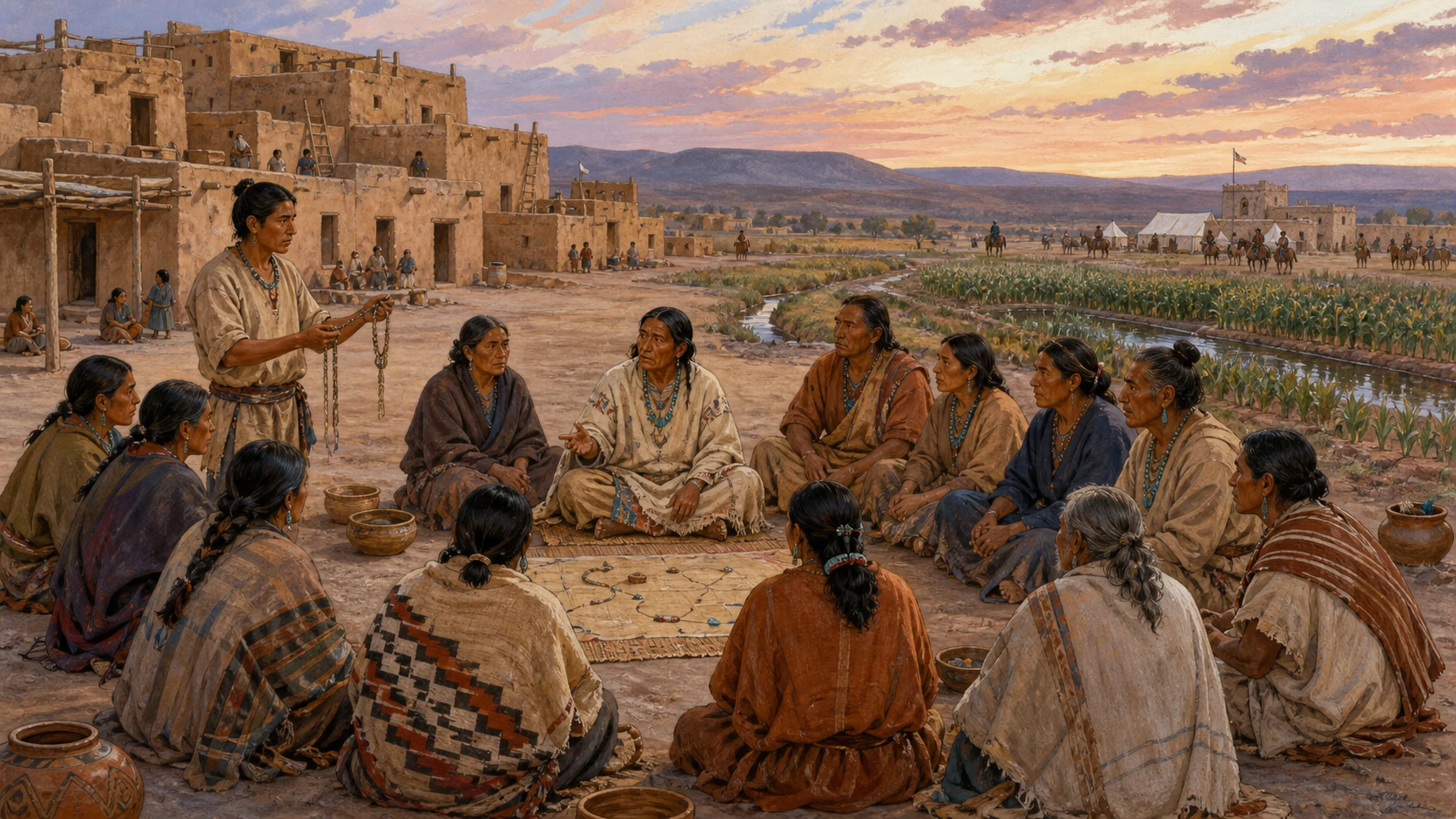 Pueblo leaders, elders, women, farmers, and messengers meeting in council while a Spanish colonial camp stands beyond their irrigated fields