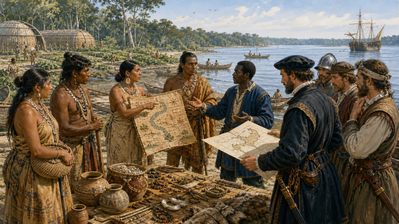 Indigenous coastal diplomats using a landscape map while an African interpreter helps them communicate with a Spanish expedition holding a paper boundary map