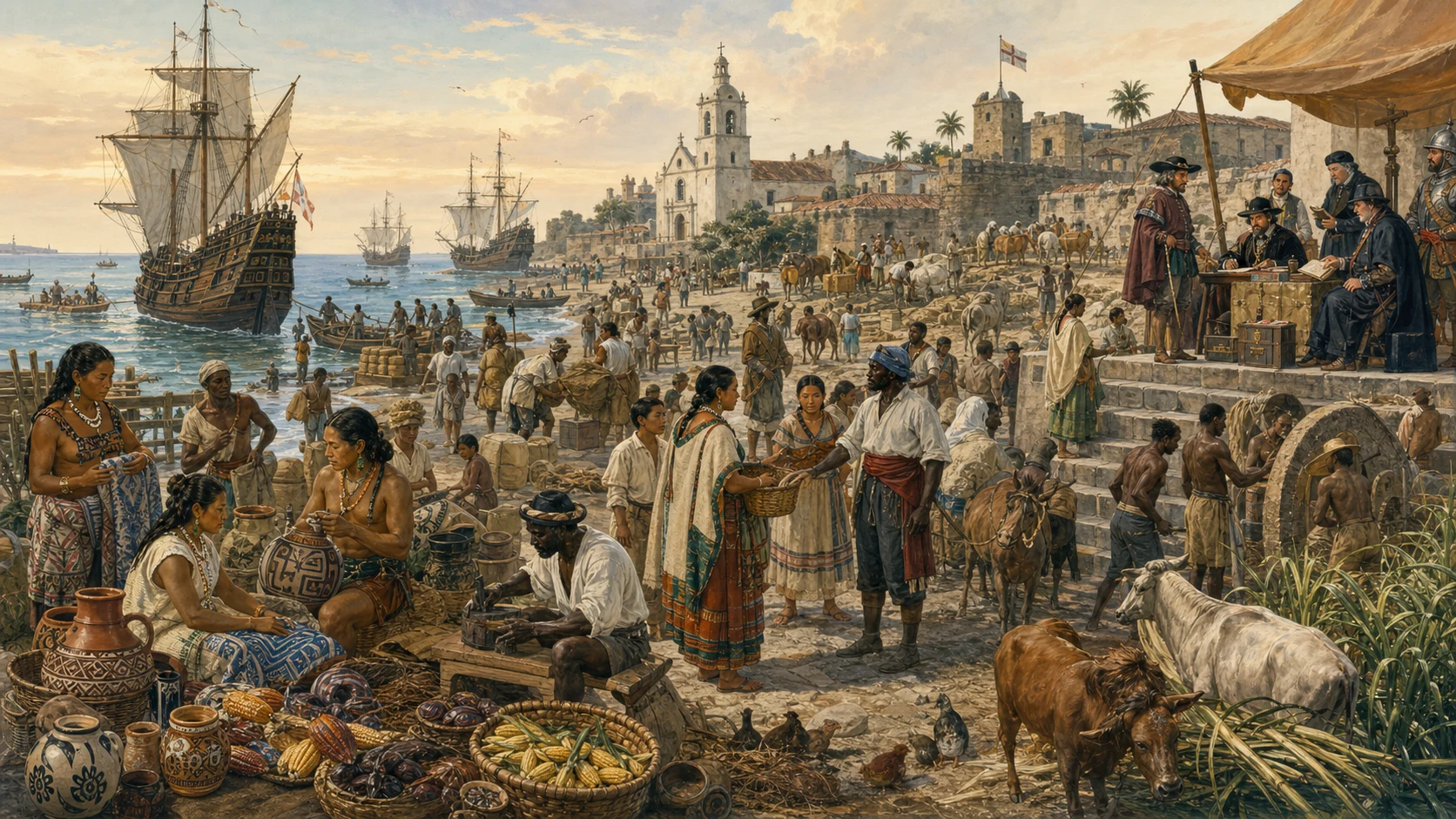 Spanish American port around 1600 with Indigenous merchants and artisans, African sailors and craftspeople, Spanish officials, livestock, cargo, and ocean-going ships