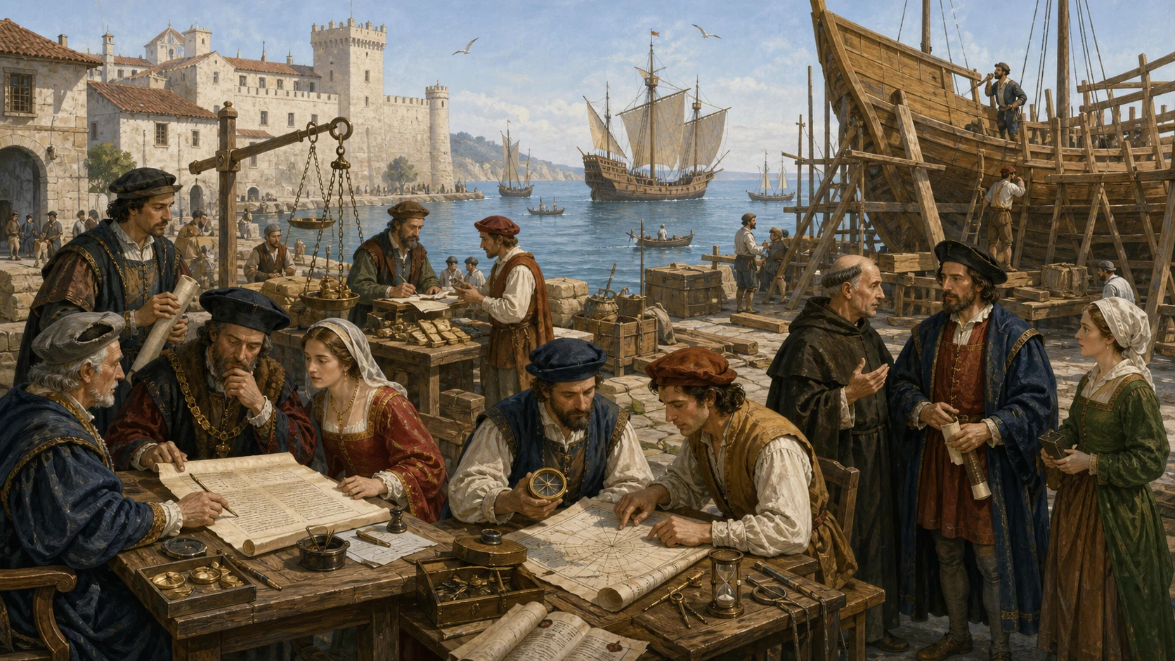 Late-fifteenth-century Iberian Atlantic port where royal officials, merchants, navigators, shipbuilders, and clergy prepare an ocean voyage