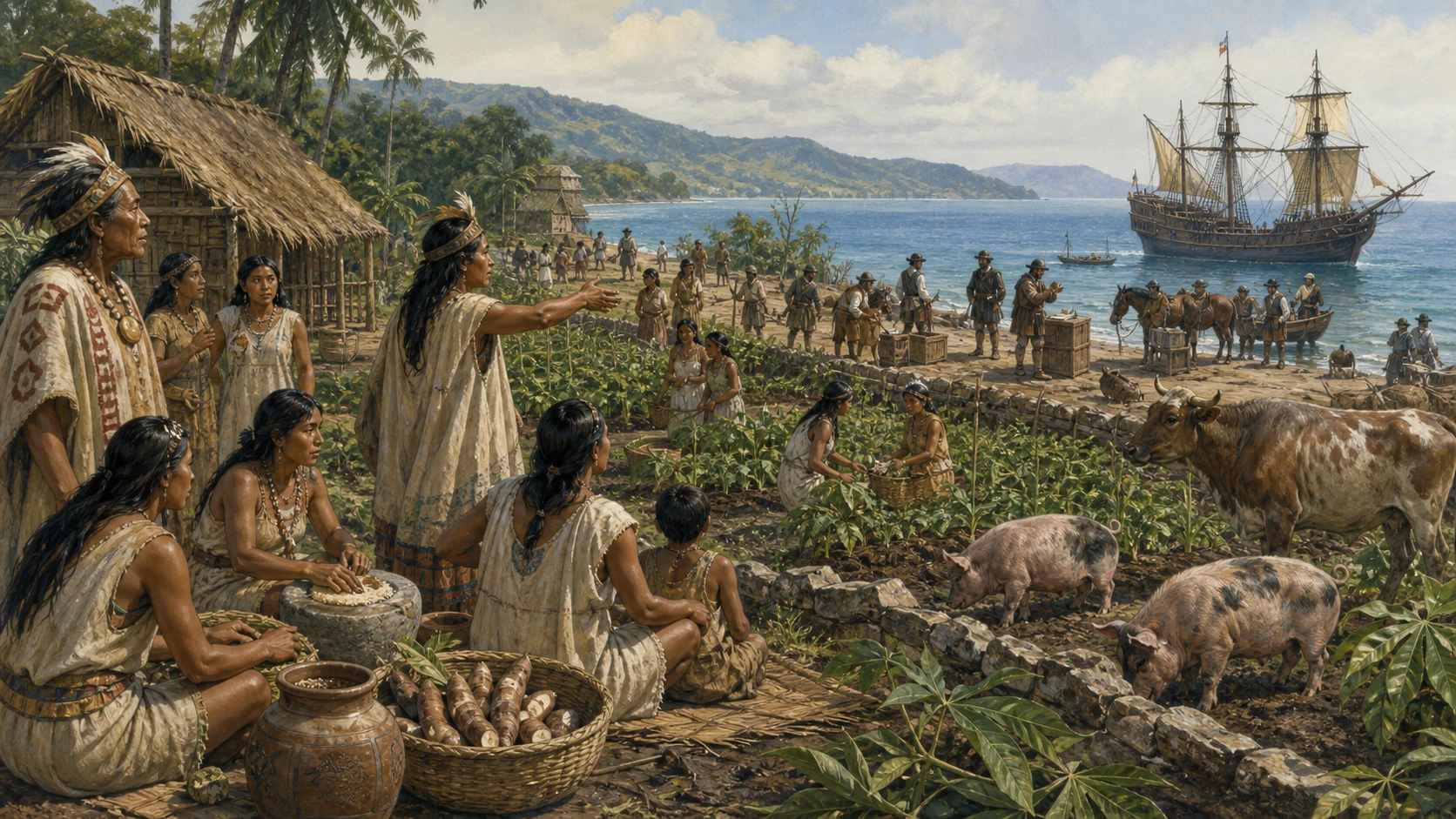 Indigenous Caribbean community confronting arriving Europeans, livestock, cargo, and rapid changes to land and daily life in the early sixteenth century