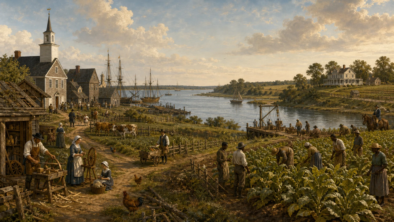 Wide historical panorama contrasting a compact New England port and mixed farms with a dispersed Chesapeake tobacco plantation across a river landscape