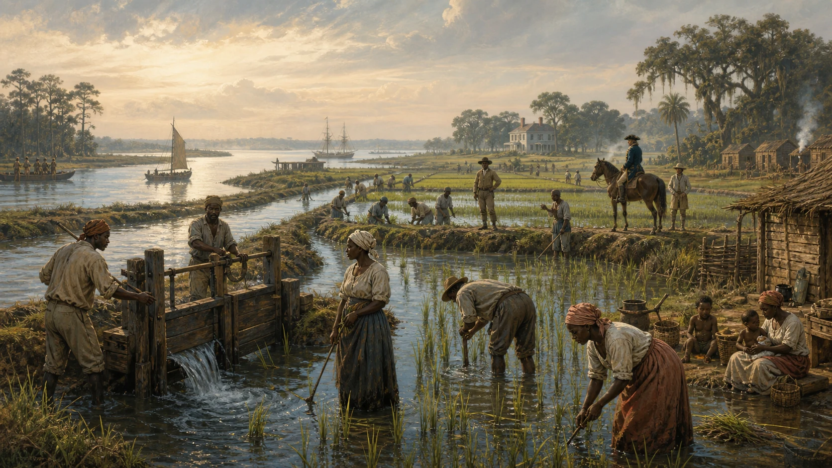 South Carolina Lowcountry rice landscape where enslaved Africans operate tidal irrigation, cultivate fields, and sustain family and community life under distant planter control