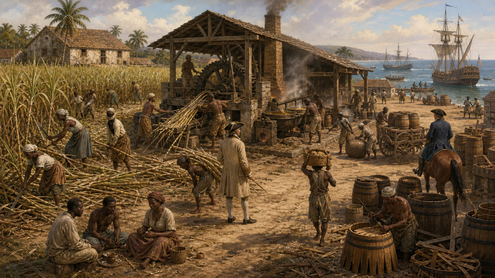 British Caribbean sugar plantation around 1735 where enslaved Africans cut cane, operate a mill, boil sugar, make barrels, and load molasses for Atlantic shipping