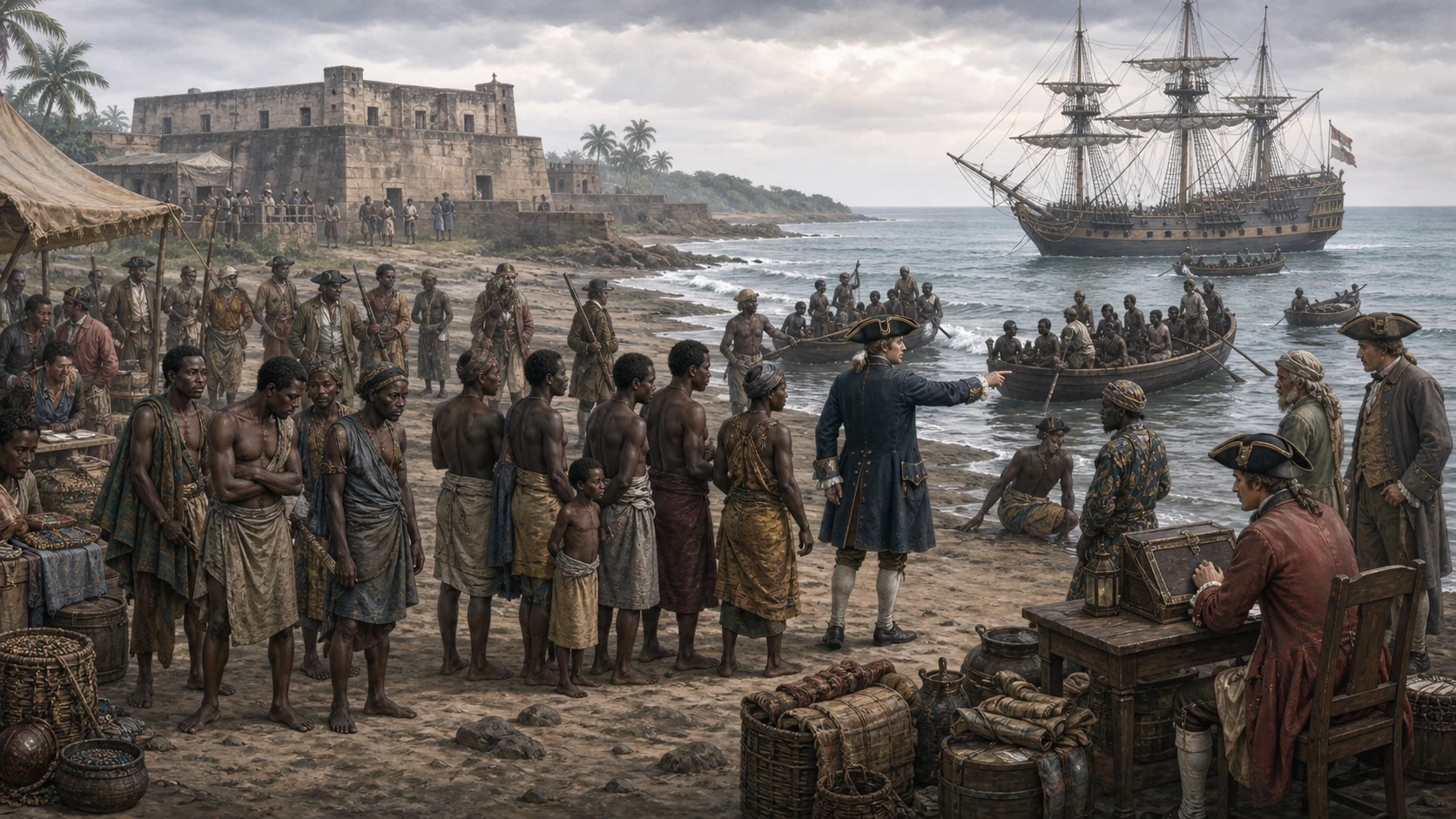 Solemn West African coastal embarkation around 1730 showing captive families forced toward boats and a slave ship while merchants organize the trade