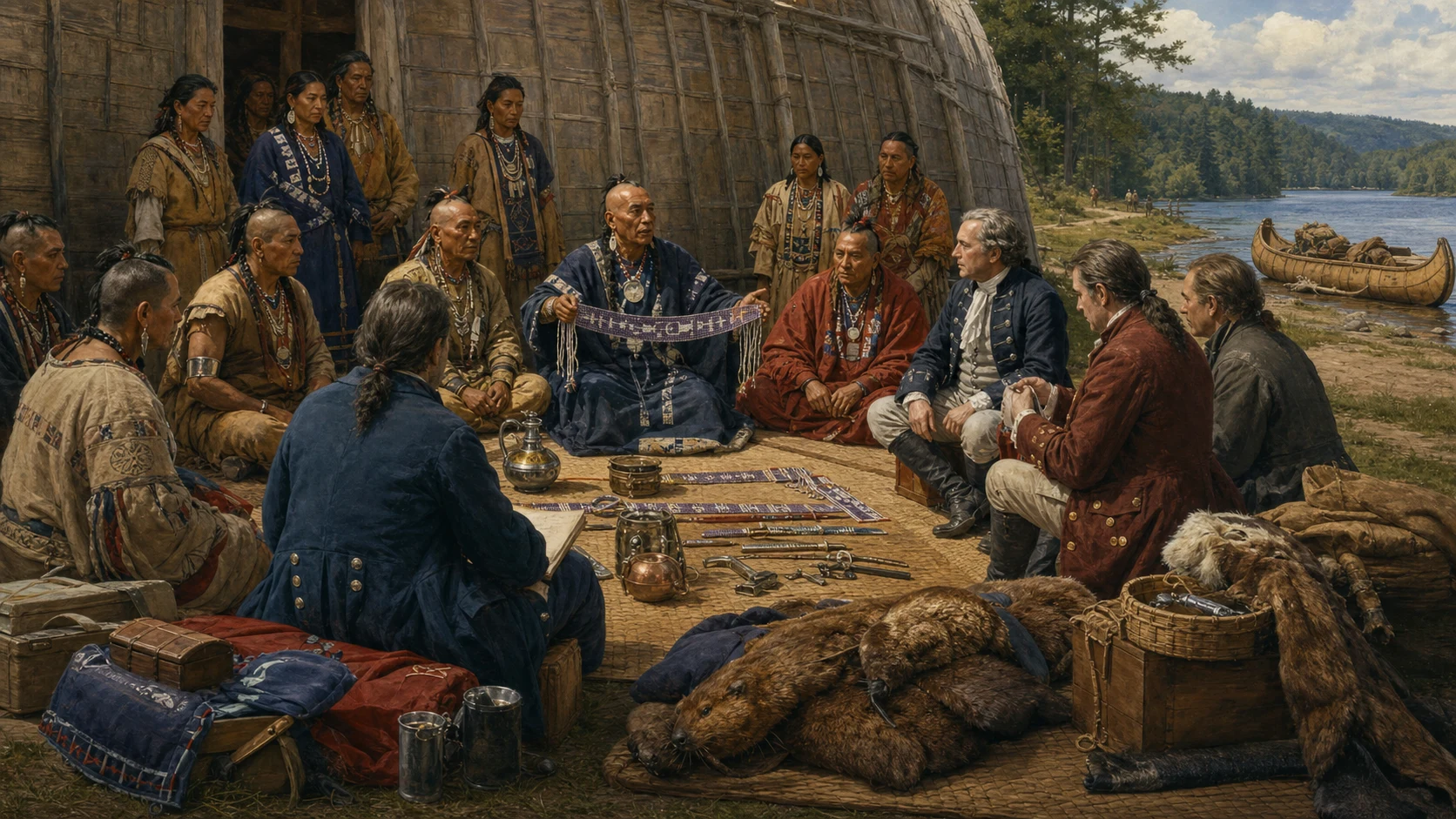 Haudenosaunee diplomatic council around 1720 where Native leaders present wampum to European delegates beside furs, trade goods, a longhouse, river, and canoes