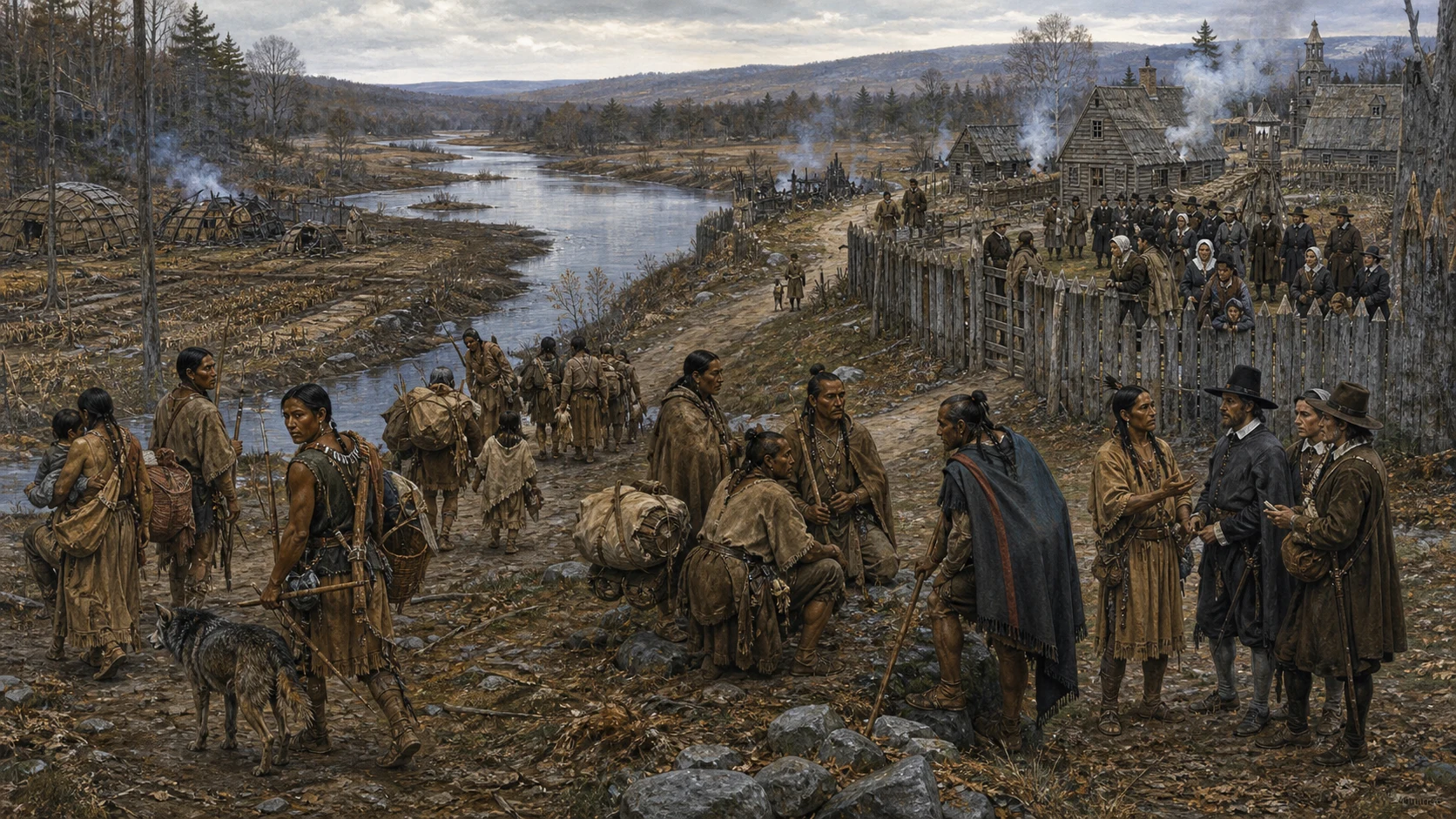 Contested New England river valley during King Philip's War showing displaced Wampanoag families, damaged fields, colonial palisades, and strained negotiation