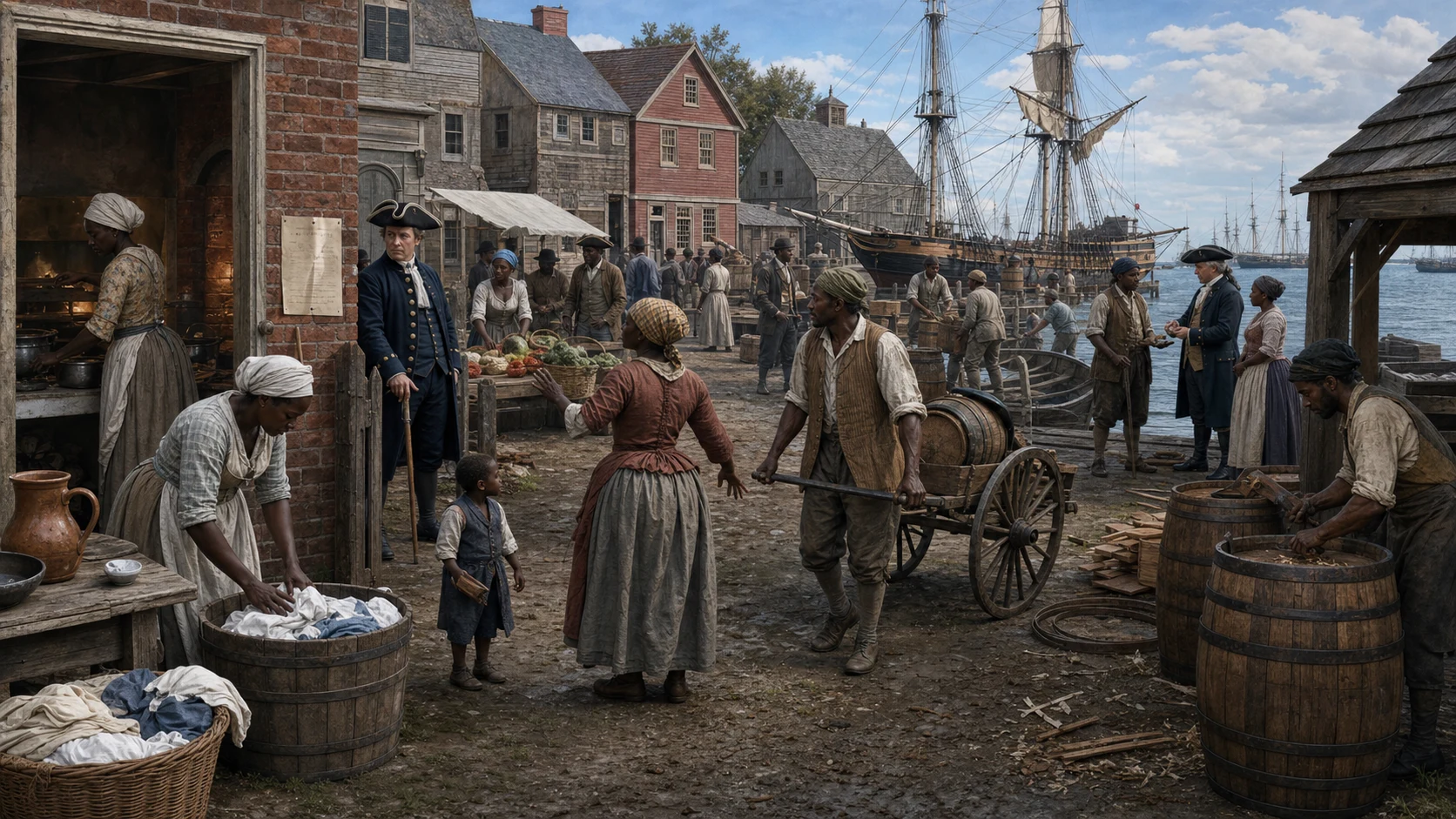 Northern colonial port around 1740 where enslaved Black workers labor in households, markets, artisan shops, carts, docks, and ships under legal surveillance