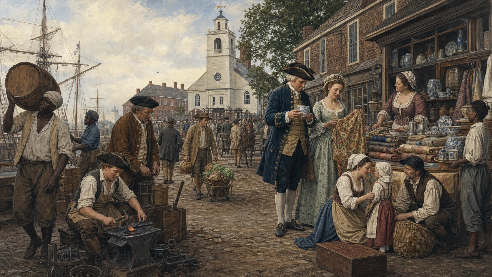Colonial port market around 1735 showing merchants, artisans, farmers, women shopkeepers, immigrants, sailors, and Black laborers within an unequal consumer society