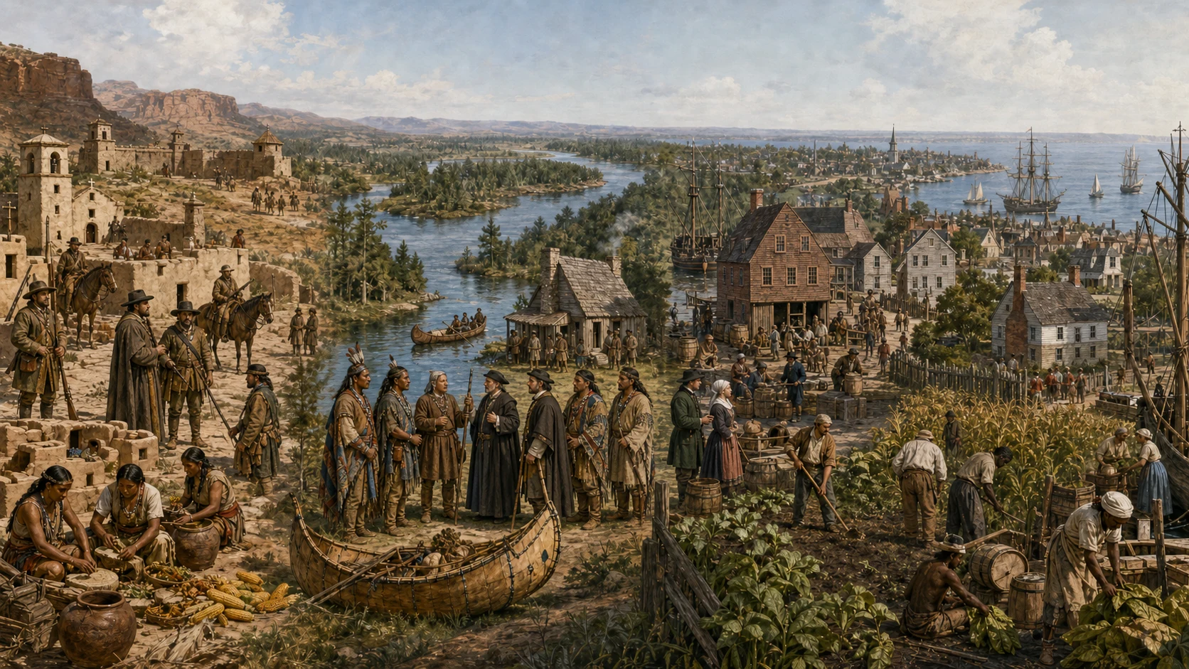 Comparative panorama of Spanish mission settlement, French-Indigenous trade diplomacy, Dutch commercial legacy, and British settler expansion around 1725