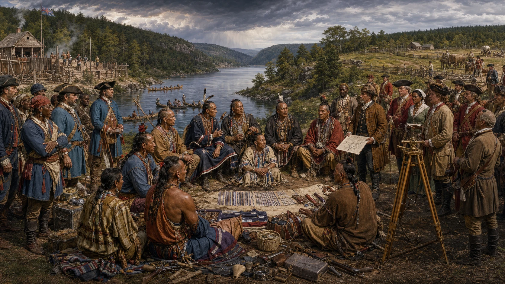 Ohio Valley diplomatic council in 1754 where Native leaders evaluate French trade and military ties against British land expansion